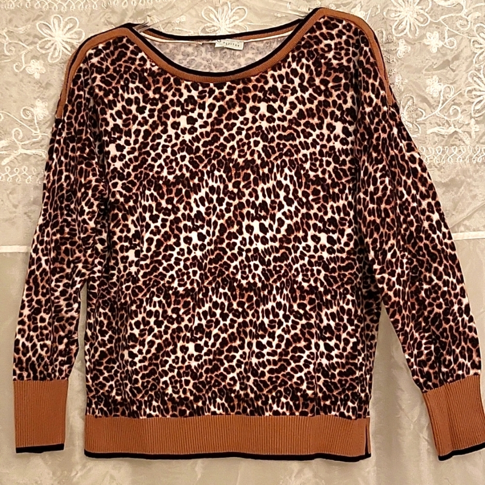 Cleo Leopard Print Boat Neck Sweater, Caramel Trim, PL